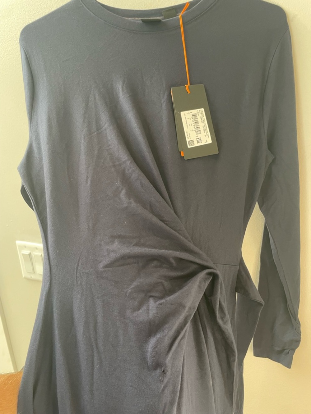 Boss Hugo Erlot Tie Long Sleeve Midi Dress Side Tie Modal Navy Blue Size S NWT - Picture 6 of 14